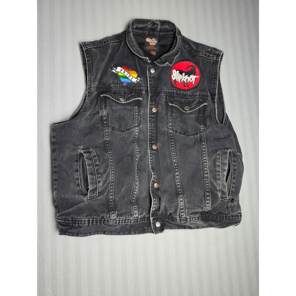 Vance Biker Wear Mens XL Black Denim Vest Thrashed Slipknot Pride Patches Punk